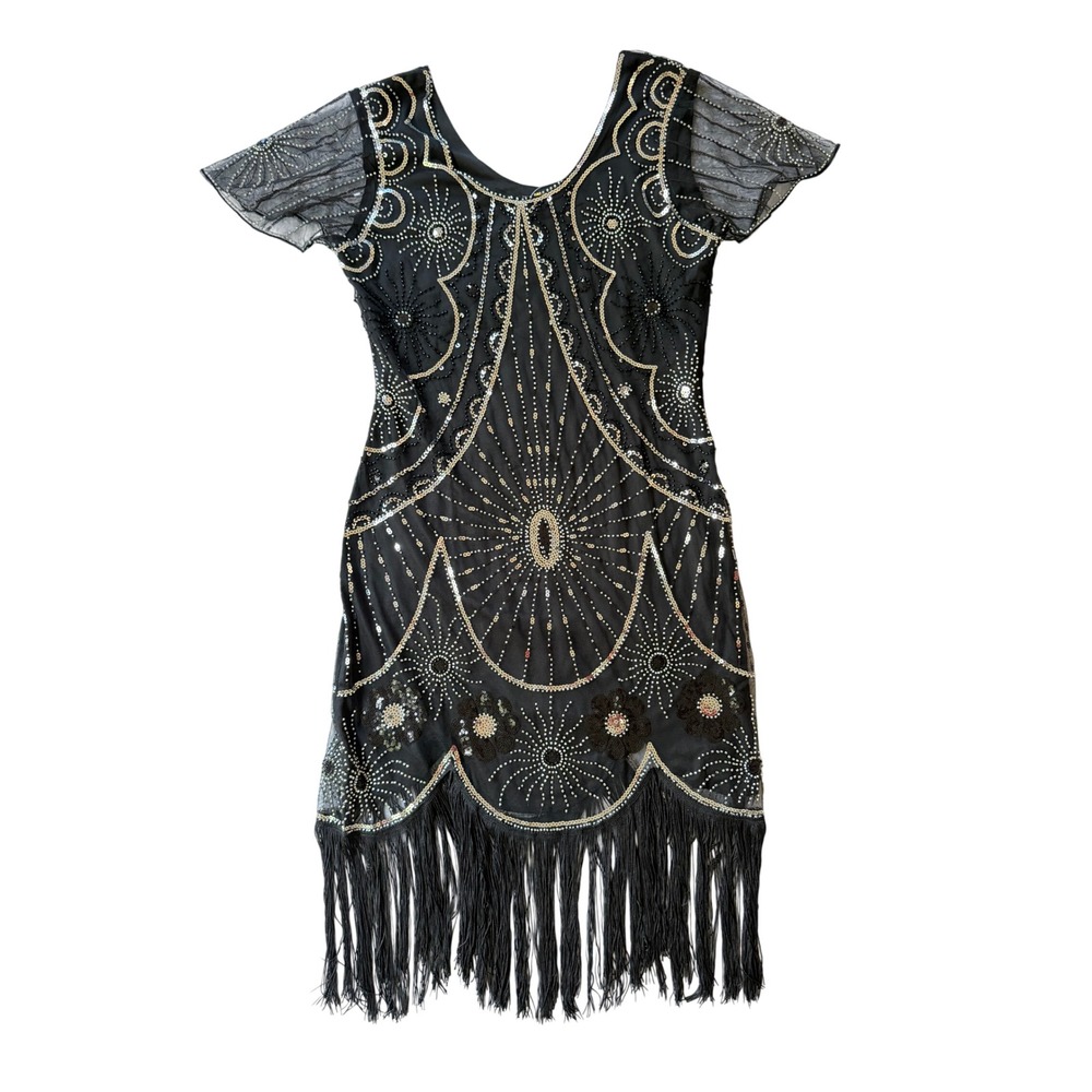 Yessa Flapper Dress Women L Black NEW 1920s Gatsby Sequin Fringe Art Deco Party